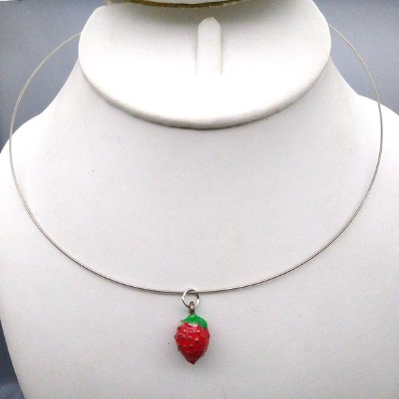 Fun Enamel Strawberry Pendant on Silver Tone Formed Collar Necklace - Picture 2 of 4